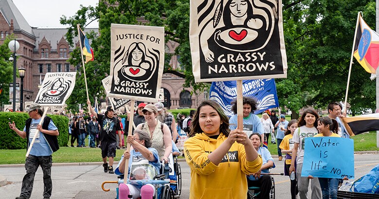 People Marching in the street with signs