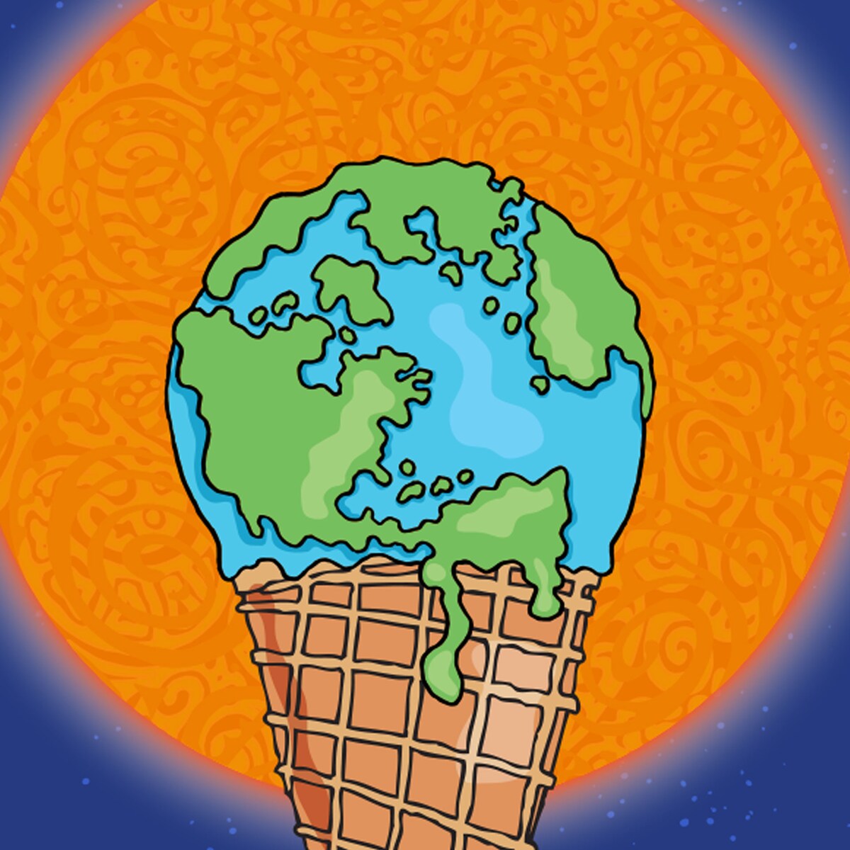melting Earth sitting in ice cream cone with sun behind it 