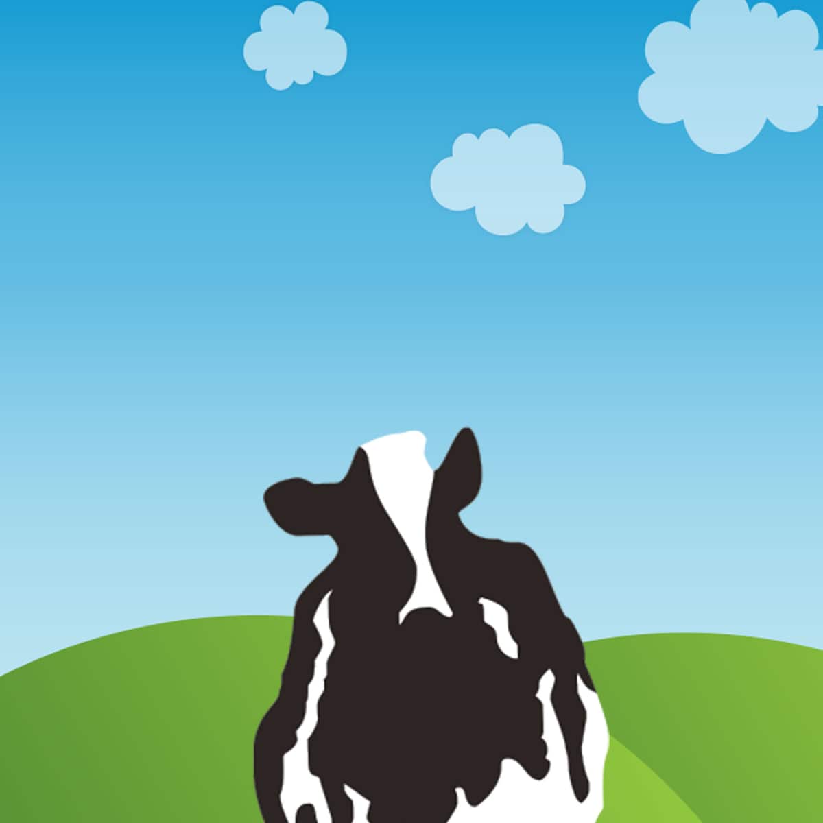 Cow in front of green hills and blue sky with clouds