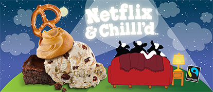 Netflix and Chilll’d Header - 3 cows on a couch watching Netflix and Chilll’d flavor name projected onto the night sky