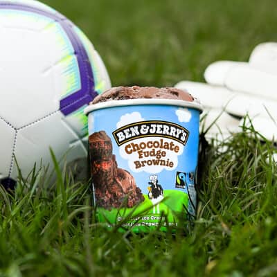Soccer ball with a pint of Chocolate Fudge Brownie