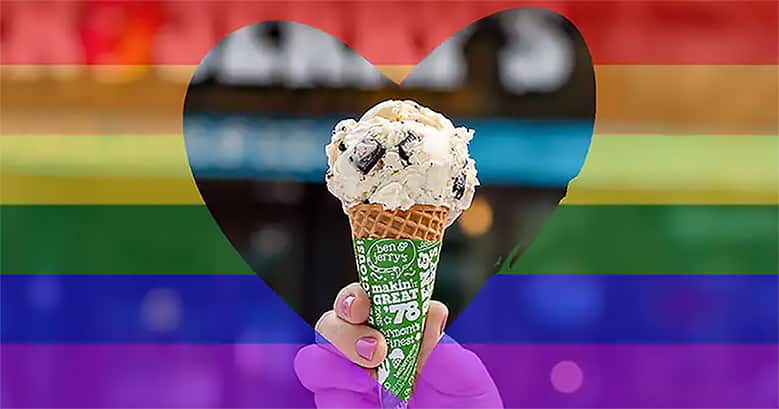Ben & Jerry's ice cream cone in a heart with Pride rainbow stripes