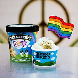 Pint of Ben & Jerry's Chocolate Chip Cookie Dough redesigned as I Dough I Dough with LGBTQ flag